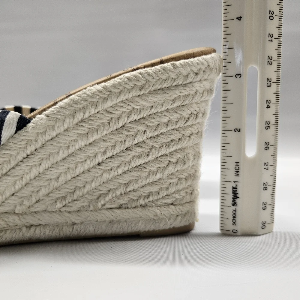 Chicos Wegde Heels Open Toe Espadrille Nautical Canvas Bow Blue Off White Womens